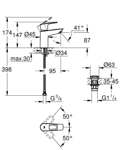 Grohe BauLoop Waschtischarmatur S-Size mit Push-Open Ablaufgarnitur, LowFlow 3,5 l/min, chrom