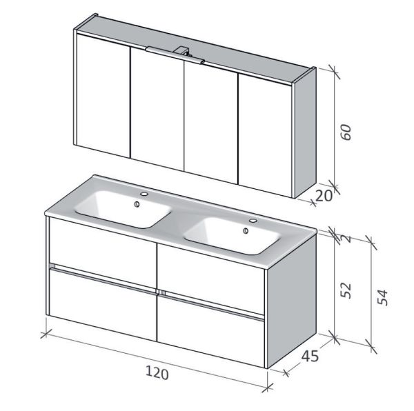 RIHO Porto Square Doppelwaschtisch mit Unterschrank 120cm & LED-Spiegelschrank, 4 Auszüge