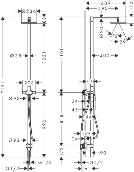 Axor Starck Nature Duschsäule mit Kopfbrause 240 1jet tech. Zeich.