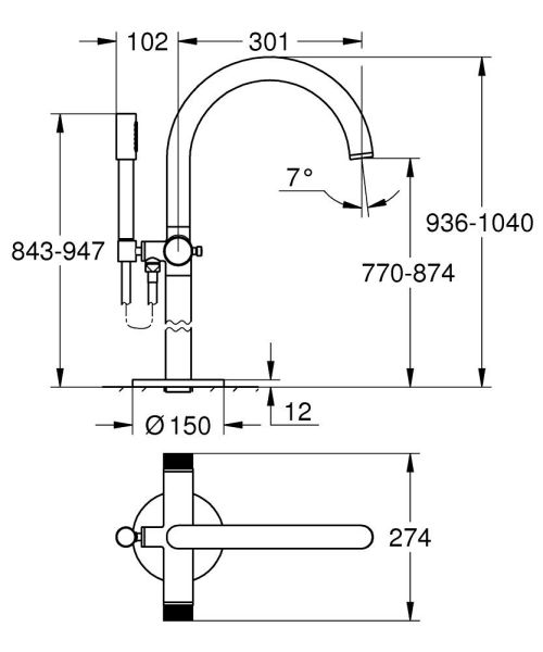 Grohe Atrio 2-Griff-Wannenarmatur freistehend für Bodenmontage, Knopfbetätigung