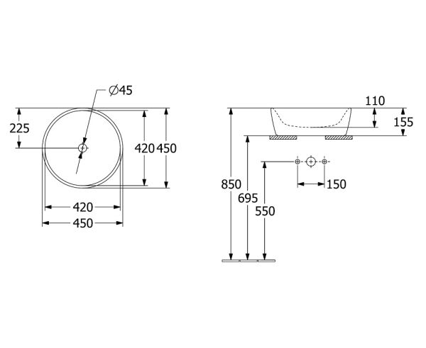 Villeroy&Boch Architectura Aufsatzwaschbecken rund, Ø 45cm, 5A254501, technische Beschreibung