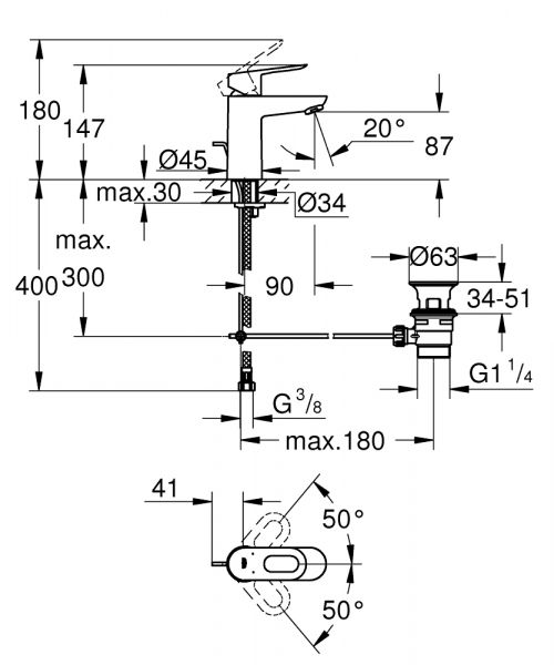 Grohe BauLoop Einhand-Waschtischbatterie mit Ablaufgarnitur und Temperaturbegrenzer, S-Size, chrom