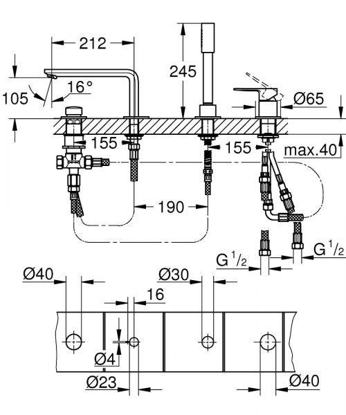 Grohe Lineare 4-Loch Einhand-Wannenkombination, supersteel