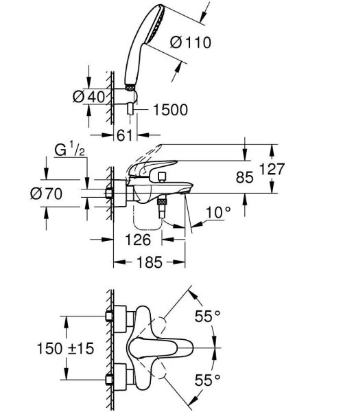 Grohe Eurostyle Einhand-Wannenbatterie, mit Brausegarnitur Tempesta 110, chrom