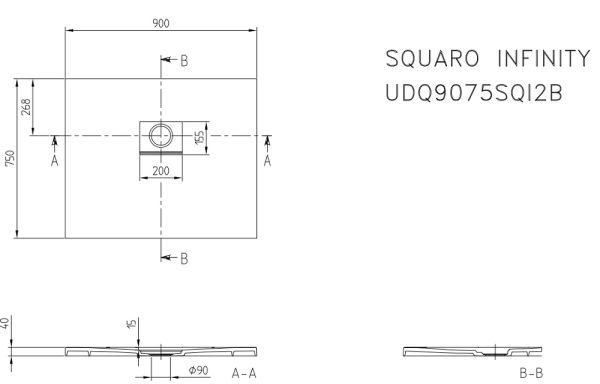 Villeroy&Boch Squaro Infinity Quaryl®-Duschwanne, lange Seite geschnitten an der Wand, 90x75cm, technische Zeichnung