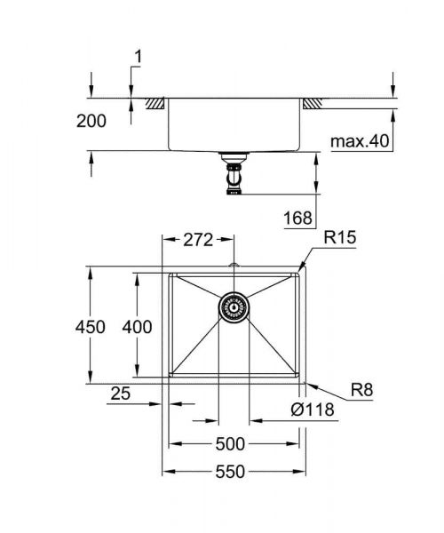 Grohe K700U 60-S Edelstahlspüle 55x45cm, edelstahl 31574SD1 Zeichnung