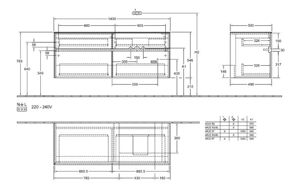 Villeroy&Boch Collaro Waschtischunterschrank passend zu Aufsatzwaschtisch 43345G, 140cm, techn. Zeichnung