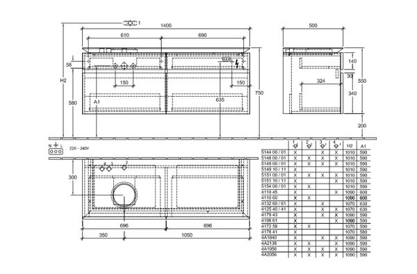 Villeroy&Boch Legato Waschtischunterschrank 140x50cm für Aufsatzwaschtisch, 4 Auszüge glossy white B58800DH1