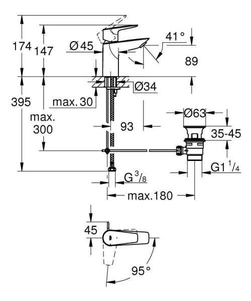 Grohe BauEdge Einhand-Waschtischbatterie S-Size, seitliche Zugstangen-Ablaufgarnitur, chrom