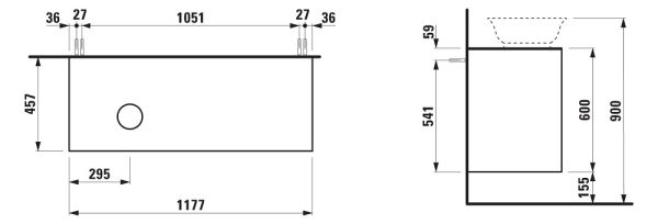 Laufen The New Classic Schubladenelement 118cm, 2 Schubladen, Ausschnitt links, zu H81285 techn. Zeichnung