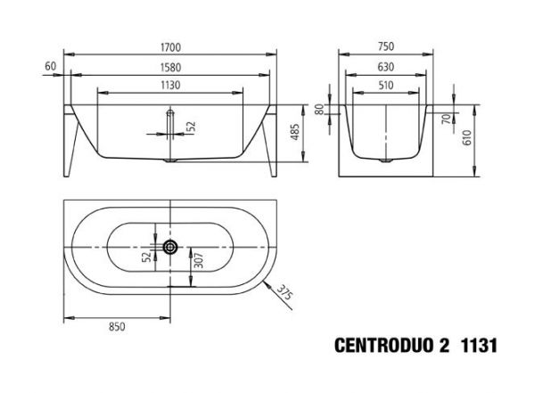 Kaldewei Meisterstück Centro Duo 2 Vorwandmontage-Badewanne 3-seitig 170x75cm, weiß Perl-Effekt