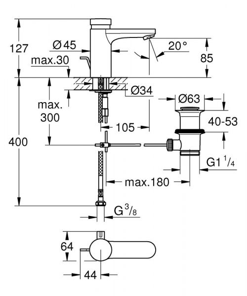 Grohe Eurosmart CT Selbstschluss-Waschtischbatterie, mit Mischung, mit Ablaufgarnitur, chrom