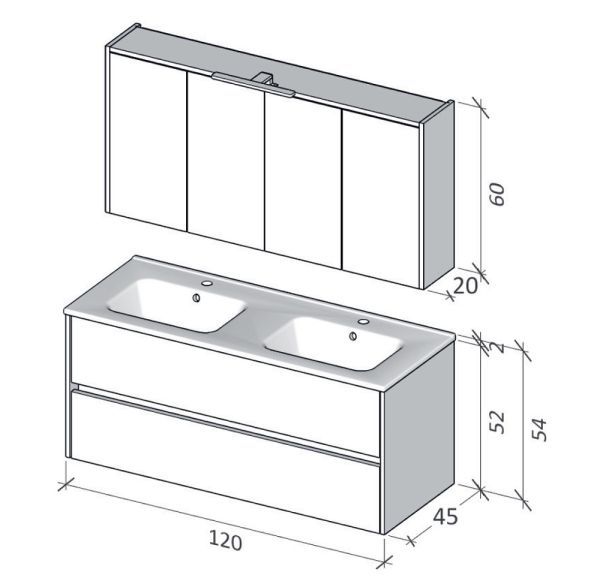 RIHO Porto Square Doppelwaschtisch mit Unterschrank 120cm & Spiegelschrank mit LED Beleuchtung F014073DP