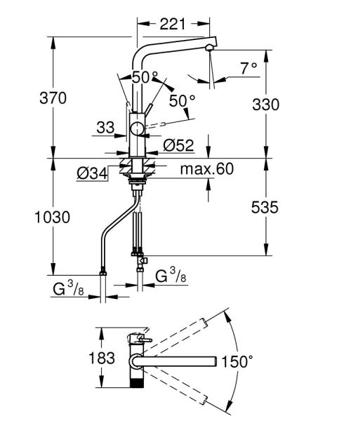 Grohe Blue Pure Minta Einzelarmatur mit Filterfunktion, schwenkbarer L-Auslauf, chrom