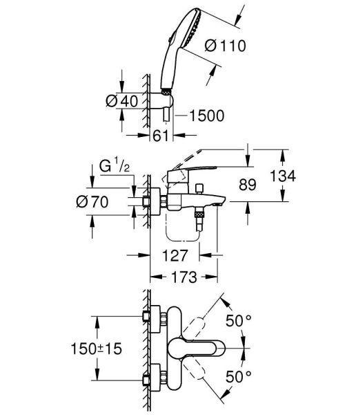 Grohe Eurostyle Cosmopolitan Einhand-Wannenbatterie, mit Brausegarnitur Tempesta 110, chrom