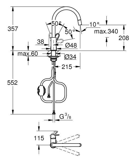 Grohe BauFlow Einhand-Küchenarmatur mit C-Auslauf, ausziehbar, chrom