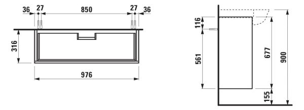 Laufen The New Classic Waschtischunterbau 98cm, 2 Schubladen, passend zu Möbelwaschtisch 81385.7, techn. Zeichnung