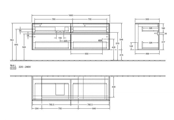 Villeroy&Boch Collaro Waschtischunterschrank 160cm für Aufsatzwaschtisch 4A338G, 4 Auszüge