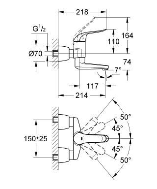 Grohe Euroeco Special Einhand-Waschtischbatterie, Ausladung 214mm, absperrb. S-Anschlüsse, chrom