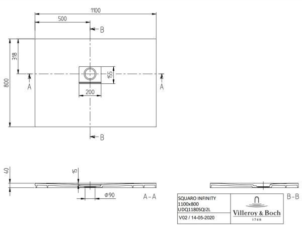 Villeroy&Boch Squaro Infinity Quaryl®-Duschwanne, Eckeinbau links gegen Wand, 110x80cm UDQ1180SQI2LV-1S