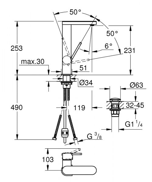 Grohe Plus Einhand-Waschtischbatterie mit Push-open Ablaufgarnitur, herausz. Auslauf, L-Size, chrom