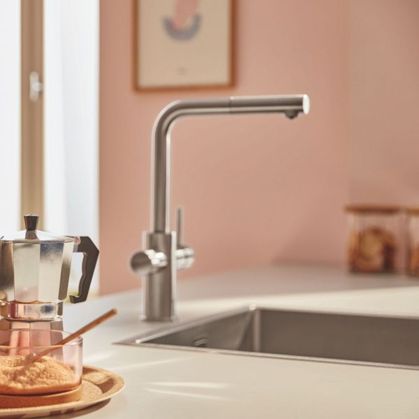 Grohe Blue Pure Minta Küchenarmatur mit Filterfunktion, herausziehbarer L-Auslauf, supersteel 30601DC0