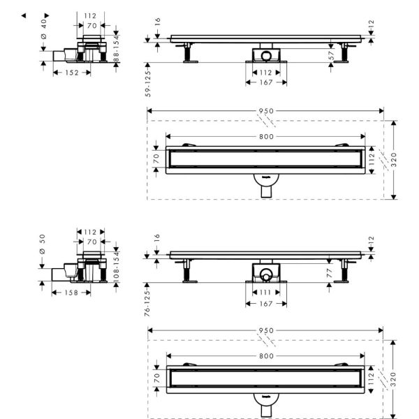 RainDrain Go Komplettset Duschrinne 80cm befliesbar für Standard-/flache Installation, schwarz matt