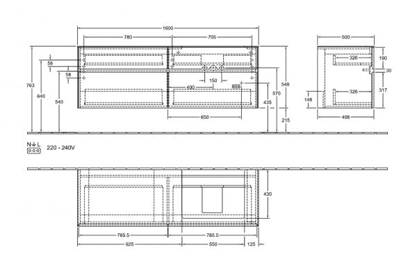 Villeroy&Boch Collaro Waschtischunterschrank 160cm für Aufsatzwaschtisch 4A336G, 4 Auszüge