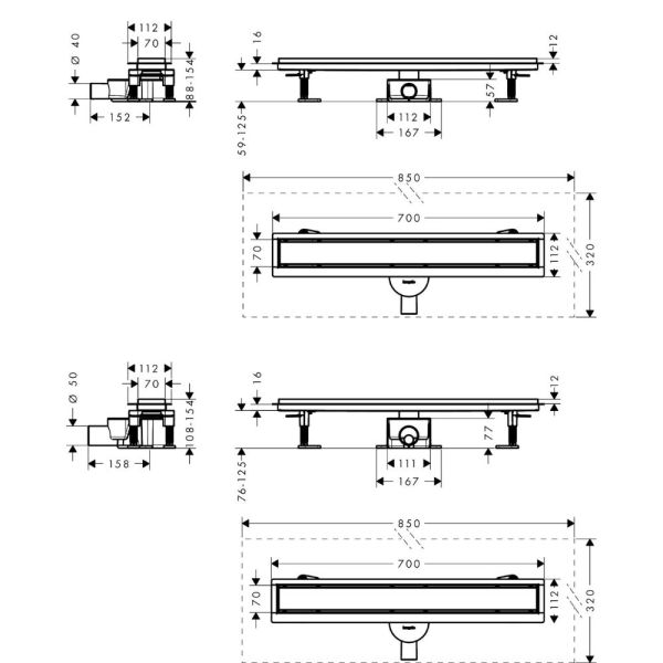 RainDrain Go Komplettset Duschrinne 70cm befliesbar für Standard-flache Installation, edelstahl gebürstet 56272800