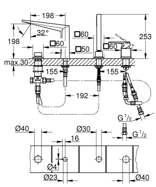 Grohe Allure Brilliant 4-Loch-Einhand-Wannenkombination mit Rändelstrukturhebel