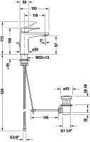 Vorschau: Duravit Tulum Einhebel-Waschtischmischer Fresh-Start mit Zugstangen-Ablaufgarnitur, chrom, TU1011001010 techn. Zeichnung