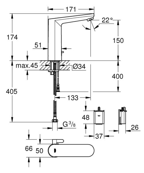 Grohe Eurosmart Cosmopolitan E Infrarot-Elektronik für Waschtisch L-Size, Batteriebetrieb, chrom