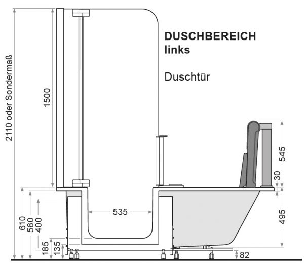 Artweger Artlift mit Hebesitz, Duschbadewanne mit Duschtür und Seitenwand, 160x75cm, weiß