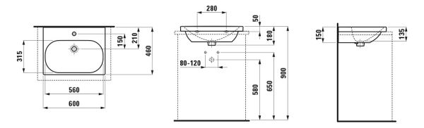 Laufen Lua Aufsatzwaschtisch wandmontiert, Unterseite geschliffen 600x46cm, weiß