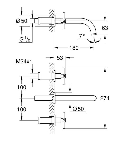 Grohe Atrio 3-Loch-Waschtischarmatur Unterputz, Kreuzgriffe, Ausladung 18cm