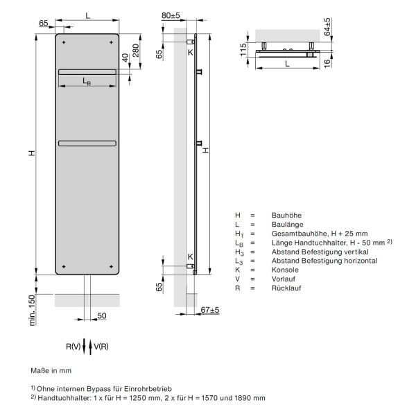 Zehnder Vitalo Bar Design-Heizkörper, Warmwasser-Betrieb