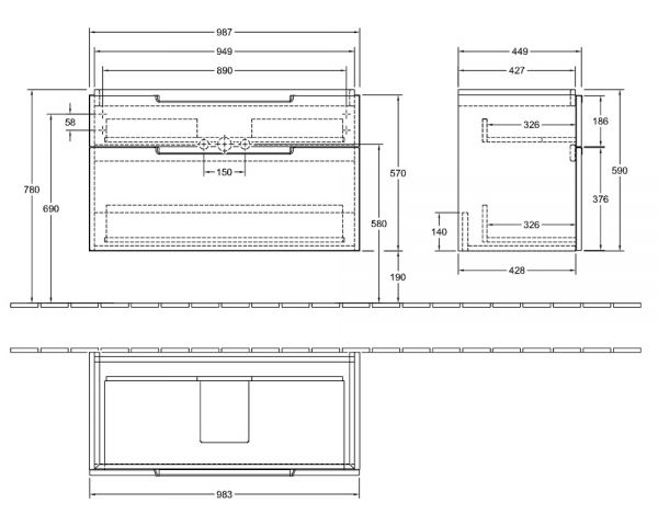 Villeroy&Boch Subway 2.0 Waschtischunterschrank 98,7x59cm, 2 Auszüge für Becken 7175A0