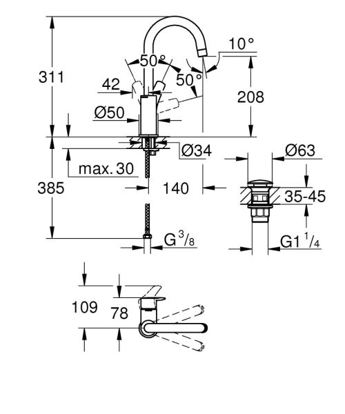 Grohe Eurosmart Waschtischbatterie L-Size mit Push-Open Ablaufgarnitur, schwenkbar, chrom