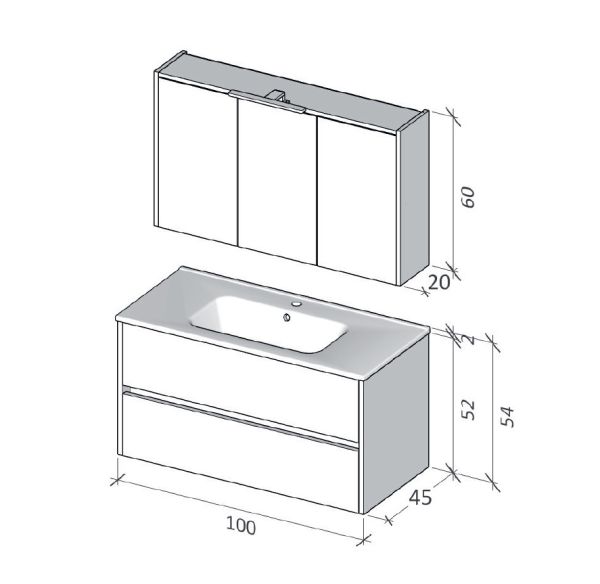 RIHO Porto Square Waschtisch mit Unterschrank 100cm & Spiegelschrank mit LED Beleuchtung F014057DP