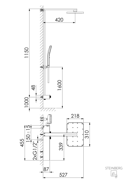 Steinberg Serie 390 Duschsystem mit Thermostatarmatur, 2 Strahlarten