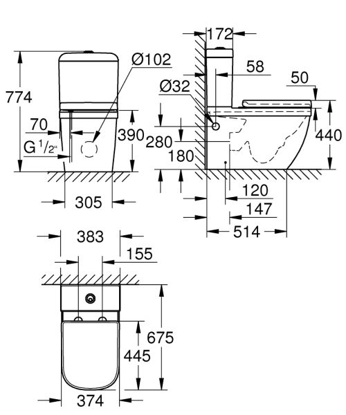 Grohe Euro Ceramic Stand-WC-Kombination-SET, spülrandlos, Abgang waagerecht 39462000