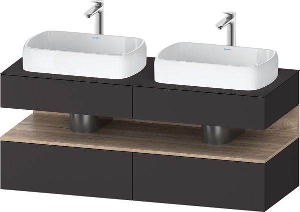 Duravit Qatego Unterschrank für 2 Aufsatzbecken 140x55cm in graphit supermatt Antifingerprint, mit offenem Fach in eiche marmoriert QA4767