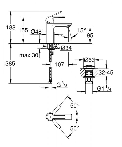 Grohe Lineare Badarmatur XS-Size mit Push-open-Ablaufgarnitur, wassersparend