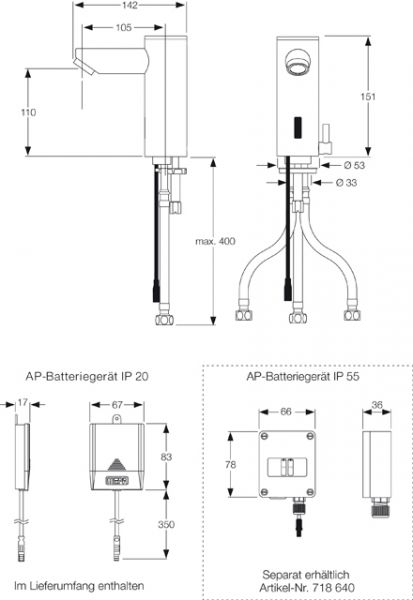 MEPA Sanicontrol® Saniline Style berührungslose Waschtischarmatur, Niederdruck, Batteriebetr., chrom