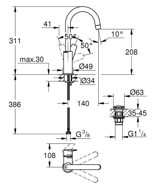 Grohe BauEdge Einhand-Waschtischbatterie L-Size mit Push-Open Ablaufgarnitur, chrom