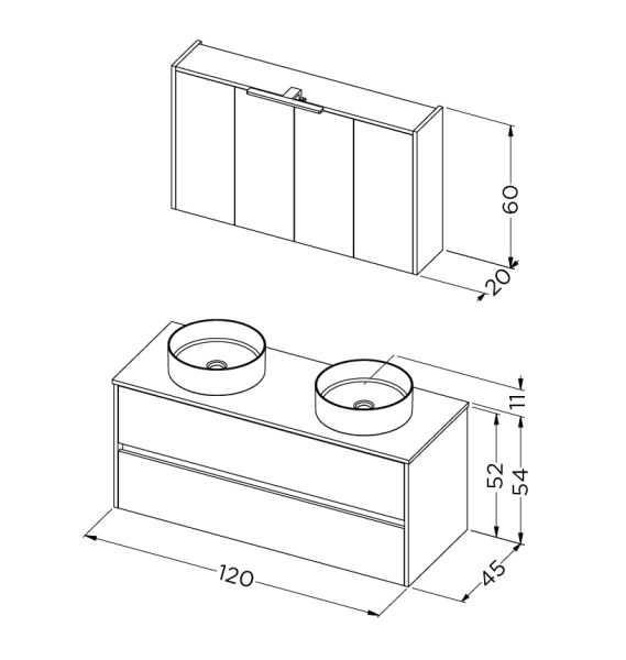 RIHO Porto Bowl Set 120cm 2 Aufsatzwaschtischen, Unterschrank, Spiegelschrank mit LED, 2 Auszügen weiß glanz F014132DP0