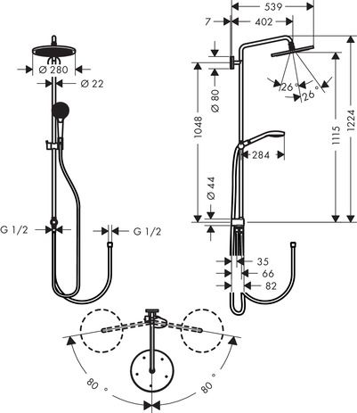 Hansgrohe Croma Select S 280 1jet Showerpipe Reno, chrom