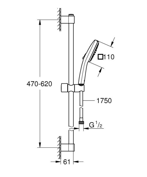 Grohe Tempesta Cube 110 Brausestangenset 60cm mit Metallbrauseschlauch 175cm, 2 Strahlarten, chrom