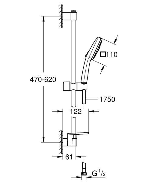 Grohe Tempesta Cube 110 Brausestangenset 60cm mit Ablage, 2 Strahlarten, 13,5 l/min, chrom