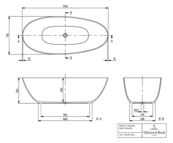 Villeroy&Boch Antao freistehende Colour On Demand Badewanne, 170x75cm